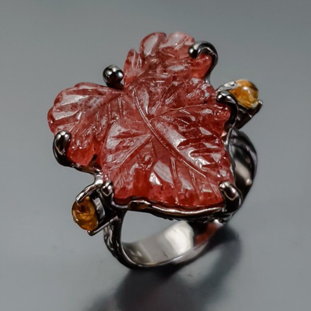 RING 28 CT Carved Leaf In Strawberry Quartz 925 Size 8
